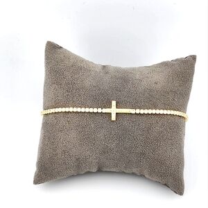 Gold Tone Cross Adjastable Bracelet Stamped 925 Cubic Zirconia Stones